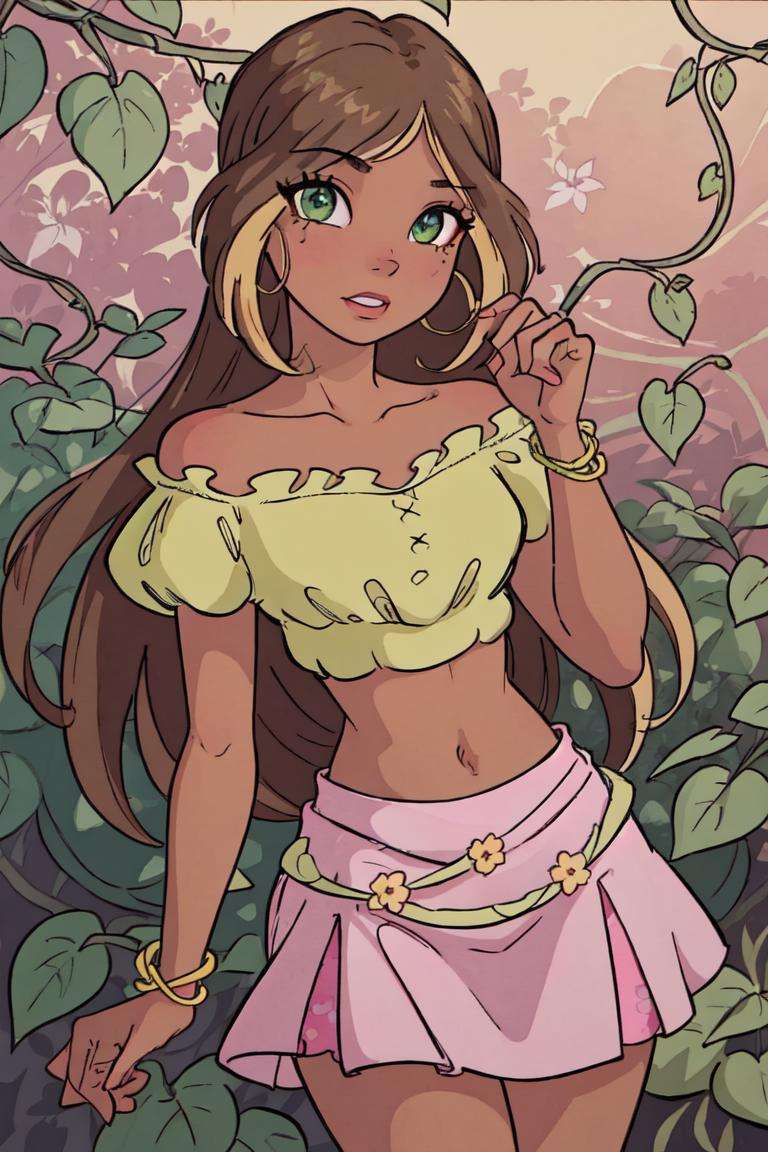 (Flora), (dark skin, brown hair, blonde hair strips, bangs, green eyes), (Casual Outfit), (green off-shoulder shirt, pink skirt, pink sandals), nature background, flowery background, vines, (realistic:1.2), (masterpiece:1.2), (full-body-shot:1),(Cowboy-shot:1.2), neon lighting, dark romantic lighting, (highly detailed:1.2),(detailed face:1.2), (gradients), colorful, detailed eyes, (natural lighting:1.2), (cute pose:1.2), (solo, one person, 1girl:1.5),<lora:WinxClubFlora-10:0.9> <lora:add_detail:0.15>