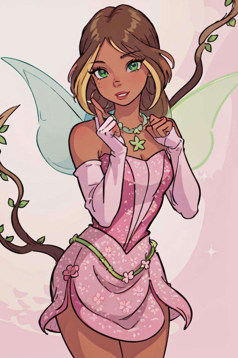 (Flora), (dark skin, brown hair, blonde hair strips, green eyes), (FairyOutfit), (pink dress, pink gloves, sparkling outfit, flower necklace, green fairy wings), nature background, flowery background, vines, (realistic:1.2), (masterpiece:1.2), (full-body-shot:1),(Cowboy-shot:1.2), neon lighting, dark romantic lighting, (highly detailed:1.2),(detailed face:1.2), (gradients), colorful, detailed eyes, (natural lighting:1.2), (cute pose:1.2), (solo, one person, 1girl:1.5),<lora:WinxClubFlora-10:0.9> <lora:add_detail:0.15>