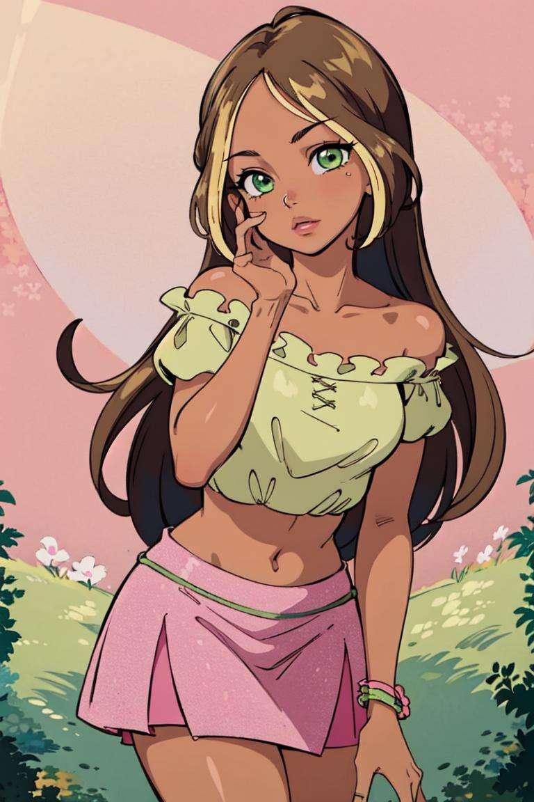 (Flora), (dark skin, brown hair, blonde hair strips, bangs, green eyes), (Casual Outfit), (green off-shoulder shirt, pink skirt, pink sandals), nature background, flowery background, vines, (realistic:1.2), (masterpiece:1.2), (full-body-shot:1),(Cowboy-shot:1.2), neon lighting, dark romantic lighting, (highly detailed:1.2),(detailed face:1.2), (gradients), colorful, detailed eyes, (natural lighting:1.2), (cute pose:1.2), (solo, one person, 1girl:1.5),<lora:WinxClubFlora-10:0.9> <lora:add_detail:0.15>