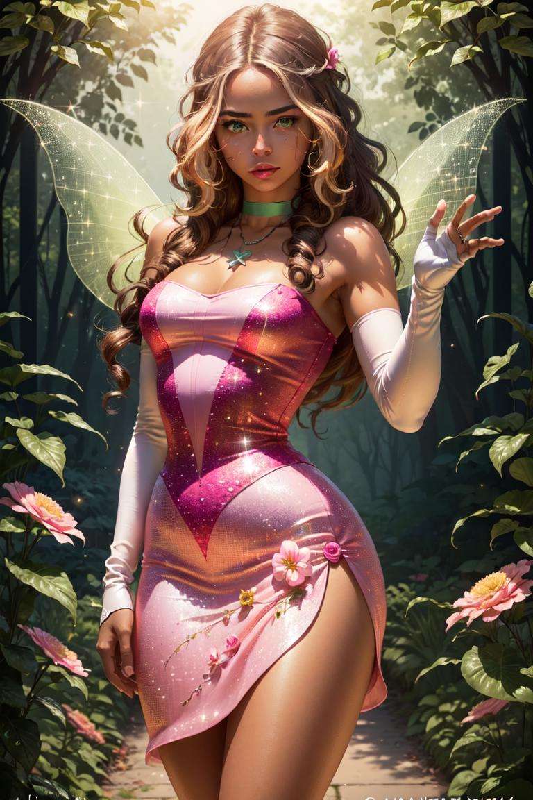 (Flora), (dark skin, brown hair, blonde hair strips, green eyes), (FairyOutfit), (pink dress, pink gloves, sparkling outfit, flower necklace, green fairy wings), nature background, flowery background, vines, (realistic:1.2), (masterpiece:1.2), (full-body-shot:1),(Cowboy-shot:1.2), neon lighting, dark romantic lighting, (highly detailed:1.2),(detailed face:1.2), (gradients), colorful, detailed eyes, (natural lighting:1.2), (cute pose:1.2), (solo, one person, 1girl:1.5),<lora:WinxClubFlora-10:0.9> <lora:add_detail:0.15>