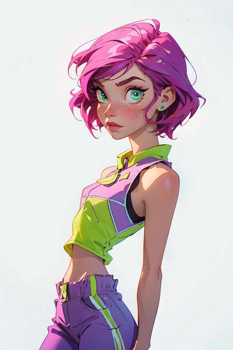 (Tecna), (pink hair, green eyes, short hair), (CasualOutfit), (sleeveless purple and green croptop, purple pants), (white background, solid white background:1.2), (realistic:1.2), (masterpiece:1.2), (full-body-shot:1),(Cowboy-shot:1.2), neon lighting, dark romantic lighting, (highly detailed:1.2),(detailed face:1.2), (gradients), colorful, detailed eyes, (natural lighting:1.2), (neutral standing pose:1.2), (solo, one person, 1girl:1.5),<lora:WinxClubTecna-10:0.9> <lora:add_detail:0.15> <lora:hipoly3DModelLora_v10:0.05> <lora:RSERomantic_RSESofiko_RSEEmma-v1:0.1> <lora:BeautifulEyes:0.65>