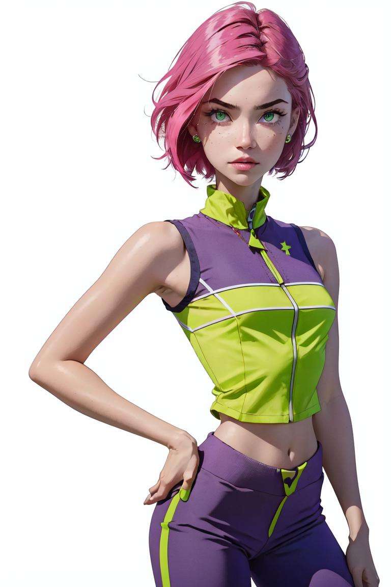 (Tecna), (pink hair, green eyes, short hair), (CasualOutfit), (sleeveless purple and green croptop, purple pants), (white background, solid white background:1.2), (realistic:1.2), (masterpiece:1.2), (full-body-shot:1),(Cowboy-shot:1.2), neon lighting, dark romantic lighting, (highly detailed:1.2),(detailed face:1.2), (gradients), colorful, detailed eyes, (natural lighting:1.2), (neutral standing pose:1.2), (solo, one person, 1girl:1.5),<lora:WinxClubTecna-10:0.9> <lora:add_detail:0.15> <lora:hipoly3DModelLora_v10:0.05> <lora:RSERomantic_RSESofiko_RSEEmma-v1:0.1> <lora:BeautifulEyes:0.65>