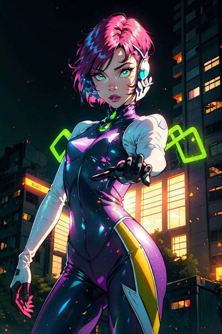 (Tecna), (pink hair, green eyes, short hair), (FairyOutfit),  (purple bodysuit, purple helmet, gloves, knee boots, sparkling outfit, fairy wings), (realistic:1.2), (masterpiece:1.2), (full-body-shot:1),(Cowboy-shot:1.2), neon lighting, dark romantic lighting, (highly detailed:1.2),(detailed face:1.2), (gradients), colorful, detailed eyes, (natural lighting:1.2), (neutral standing pose:1.2), (solo, one person, 1girl:1.5),<lora:WinxClubTecna-10:0.9> <lora:add_detail:0.15> <lora:hipoly3DModelLora_v10:0.05> <lora:RSERomantic_RSESofiko_RSEEmma-v1:0.1> <lora:BeautifulEyes:0.65>