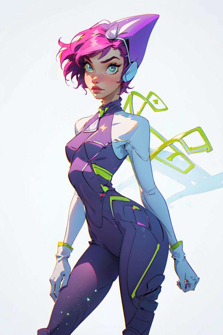 (Tecna), (pink hair, green eyes, short hair), (FairyOutfit),  (purple bodysuit, purple helmet, gloves, knee boots, sparkling outfit, fairy wings), (white background, solid white background:1.5), (realistic:1.2), (masterpiece:1.2), (full-body-shot:1),(Cowboy-shot:1.2), neon lighting, dark romantic lighting, (highly detailed:1.2),(detailed face:1.2), (gradients), colorful, detailed eyes, (natural lighting:1.2), (neutral standing pose:1.2), (solo, one person, 1girl:1.5),<lora:WinxClubTecna-10:0.9> <lora:add_detail:0.15> <lora:hipoly3DModelLora_v10:0.05> <lora:RSERomantic_RSESofiko_RSEEmma-v1:0.1> <lora:BeautifulEyes:0.65>