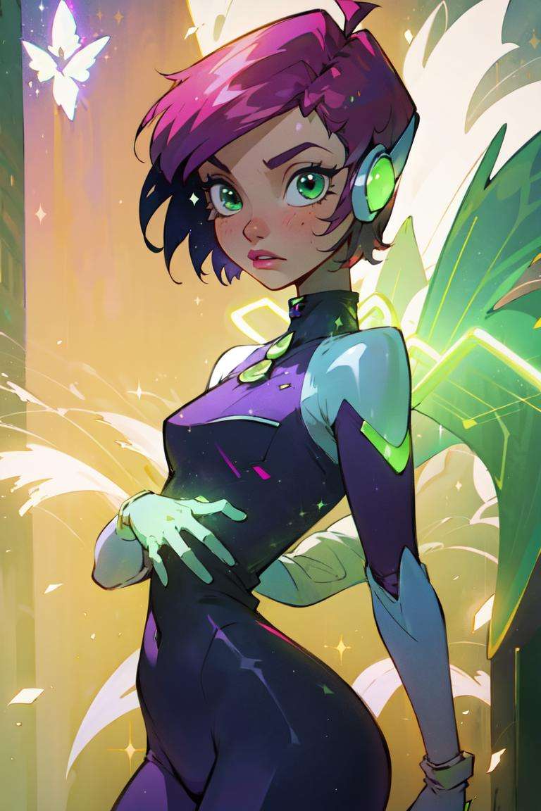 (Tecna), (pink hair, green eyes, short hair), (FairyOutfit),  (purple bodysuit, purple helmet, gloves, knee boots, sparkling outfit, fairy wings), (realistic:1.2), (masterpiece:1.2), (full-body-shot:1),(Cowboy-shot:1.2), neon lighting, dark romantic lighting, (highly detailed:1.2),(detailed face:1.2), (gradients), colorful, detailed eyes, (natural lighting:1.2), (neutral standing pose:1.2), (solo, one person, 1girl:1.5),<lora:WinxClubTecna-10:0.9> <lora:add_detail:0.15> <lora:hipoly3DModelLora_v10:0.05> <lora:RSERomantic_RSESofiko_RSEEmma-v1:0.1> <lora:BeautifulEyes:0.65>