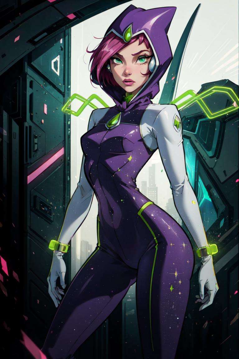 (Tecna), (pink hair, green eyes, short hair), (FairyOutfit),  (purple bodysuit, purple hood, gloves, knee boots, sparkling outfit, fairy wings), (green technology background:1.2), (realistic:1.2), (masterpiece:1.2), (full-body-shot:1),(Cowboy-shot:1.2), neon lighting, dark romantic lighting, (highly detailed:1.2),(detailed face:1.2), (gradients), colorful, detailed eyes, (natural lighting:1.2), (neutral standing pose:1.2), (solo, one person, 1girl:1.5),<lora:WinxClubTecna-10:0.9> <lora:add_detail:0.15> <lora:hipoly3DModelLora_v10:0.05> <lora:RSERomantic_RSESofiko_RSEEmma-v1:0.1> <lora:BeautifulEyes:0.65>