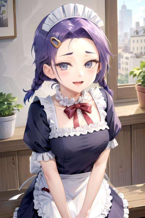 (extremely detailed CG unity 8k wallpaper), (masterpiece), (best quality), (ultra-detailed), (best illustration), (best shadow), (absurdres) <lora:asumi-10:0.8>, kominami asumi, small breasts, hair ornament, maid apron, maid headdress, (parted bangs, forehead), leaning forward, looking at viewer, :d, open mouth, smile