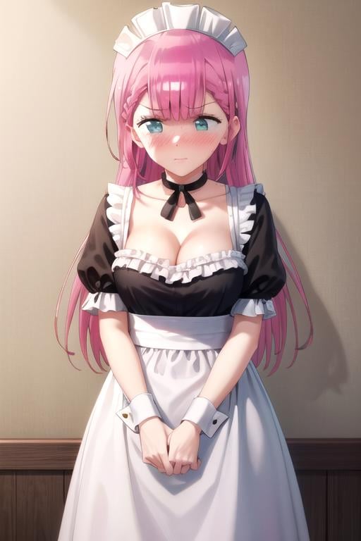 (extremely detailed CG unity 8k wallpaper), (masterpiece), (best quality), (ultra-detailed), (best illustration), (best shadow), (absurdres), 1girl, solo, <lora:mafuyu_v2:0.8>, kirisu mafuyu,  maid, maid headdress, choker, wrist cuffs, short sleeves, cleavage, embarrassed, blush, looking away, arms crossed, cafe, standing