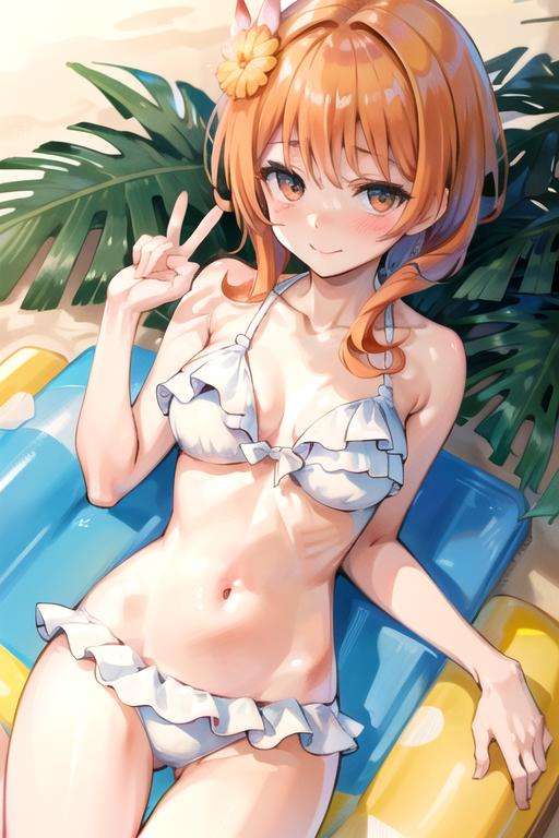 (extremely detailed CG unity 8k wallpaper), (masterpiece), (best quality), (ultra-detailed), (best illustration), (best shadow), (absurdres), 1girl, solo, looking at viewer, smile, blush, <lora:tachibanamarika-09:0.8>, tachibana marika, orange hair, medium breasts, (frilled bikini, white bikini), beach