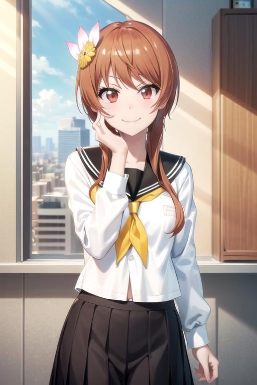 (extremely detailed CG unity 8k wallpaper), (masterpiece), (best quality), (ultra-detailed), (best illustration), (best shadow), (absurdres), 1girl, solo, <lora:tachibana_v2:0.8>, tachibana marika, school uniform, serafuku, looking at viewer, hand on own face, smirk, smug, smile