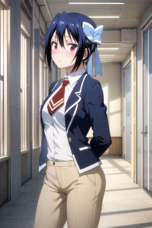 (extremely detailed CG unity 8k wallpaper), (masterpiece), (best quality), (ultra-detailed), (best illustration), (best shadow), (absurdres), 1girl, solo, <lora:tsugumi_v2:0.8>, tsugumi seishirou, school uniform, jacket, white shirt, (red necktie:0.8), khaki pants, looking at viewer, embarrassed, blush, arms behind back, classroom