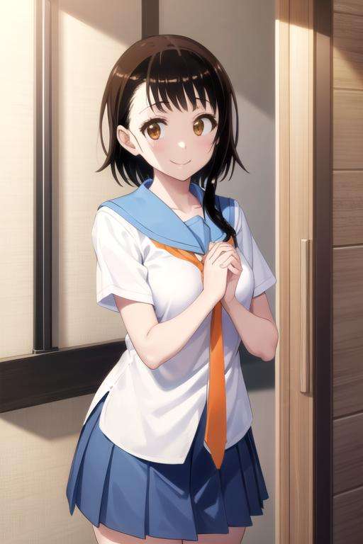 (extremely detailed CG unity 8k wallpaper), (masterpiece), (best quality), (ultra-detailed), (best illustration), (best shadow), (absurdres), 1girl, solo, <lora:onodera_v2:0.8>, onodera kosaki, school uniform, serafuku, orange tie, light blue skirt, own hands together, looking at viewer, smile