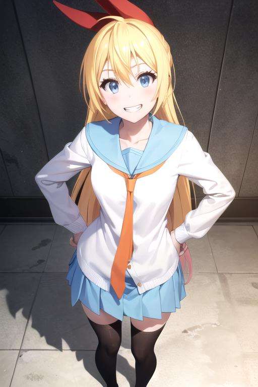 (extremely detailed CG unity 8k wallpaper), (masterpiece), (best quality), (ultra-detailed), (best illustration), (best shadow), (absurdres), 1girl, solo, <lora:chitoge_v2:0.8>, kirisaki chitoge, school uniform, serafuku, orange tie, light blue skirt, black thighhighs, hands on hips, looking at viewer, smile, grin