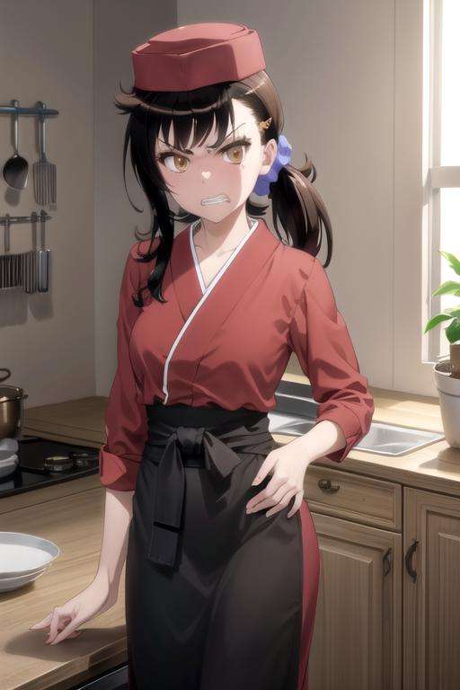 (extremely detailed CG unity 8k wallpaper), (masterpiece), (best quality), (ultra-detailed), (best illustration), (best shadow), (absurdres), 1girl, solo, <lora:haru_v2:0.8>, onodera haru, red kimono, hat, angry, (black apron, waist apron:1.2), clenched teeth, looking at viewer, kitchen