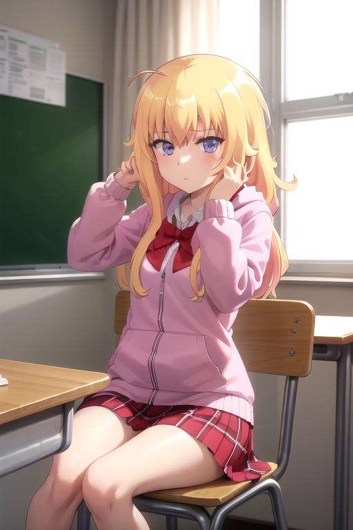 (extremely detailed CG unity 8k wallpaper), (masterpiece), (best quality), (ultra-detailed), (best illustration), (best shadow), (absurdres), 1girl, solo, <lora:gabriel:0.8>, gabriel white tenma, messy hair, ahoge, school uniform, red bow, plaid skirt, pink hoodie, classroom, looking at viewer, sitting, head rest