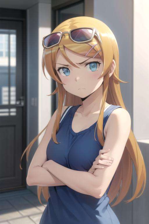 (extremely detailed CG unity 8k wallpaper), (masterpiece), (best quality), (ultra-detailed), (best illustration), (best shadow), (absurdres), 1girl, solo, <lora:kirino:0.8>, kirino kousaka, sunglasses, eyewear on head, blue shirt, sleeveless, looking at viewer, frown, crossed arms