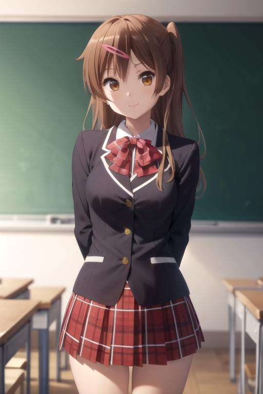 (((picture perfect))), (absurdres), 1girl, solo, <lora:nibutani:0.8>, shinka nibutani, school uniform, jacket, plaid skirt, smile, arms behind back, looking at viewer, classroom,