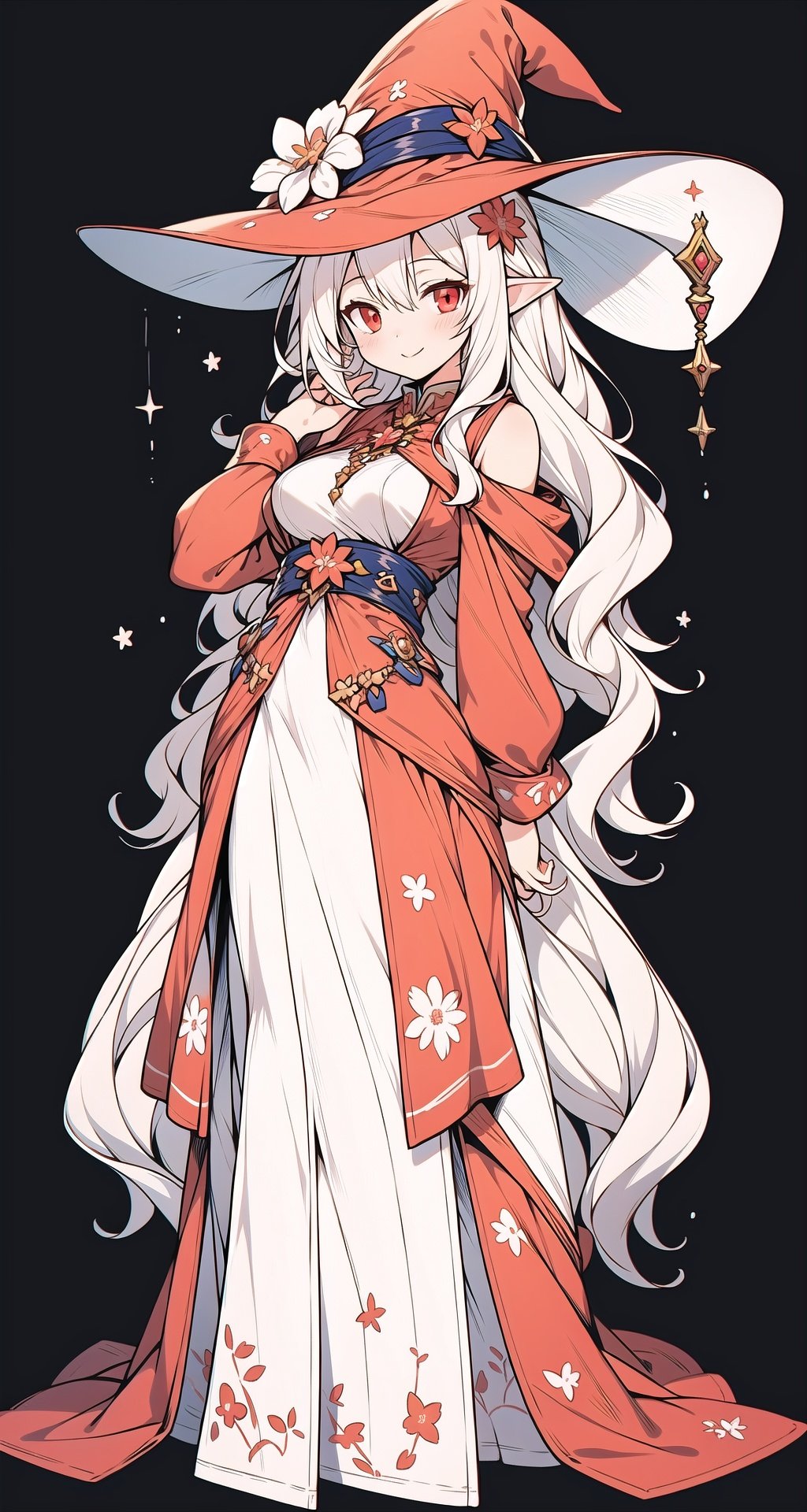 (masterpiece:1.2),(arms  behind  back:1.2),best quality,game cg,1girl,solo,long hair,white hair,hair ornament,dress,full body,looking at viewer,simple background,red eyes,standing,hair flower,white background,white dress,closed mouth,long sleeves,skirt,wavy hair,blush,large breasts,smile,very long hair,hand up,floral print,witch hat,elf,,fairy tale girl