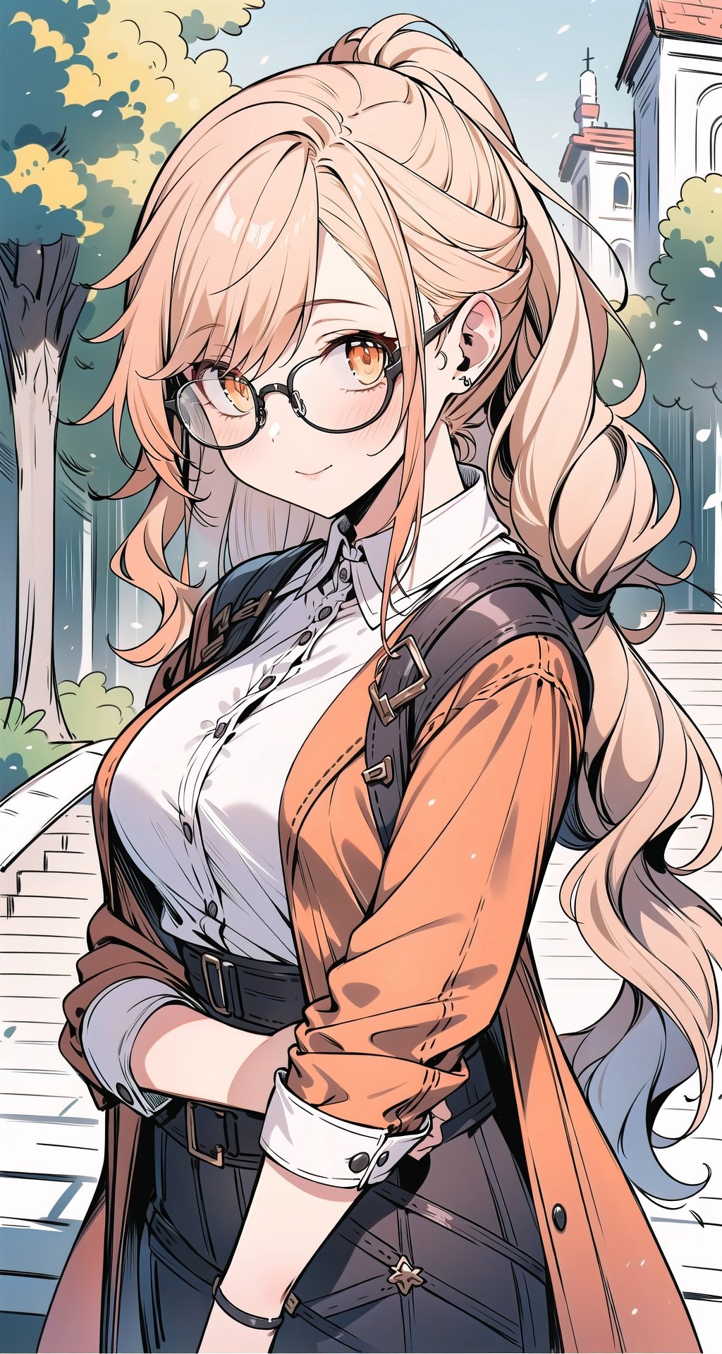 masterpiece,best quality,1girl,long hair,wavy hair,low ponytail,orange hair,large breasts,close-up,outdoors,glasses,alternate costume,