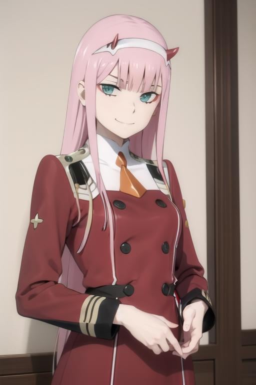 (((picture perfect))), (absurdres), 1girl, solo, <lora:zerotwo-ditf:0.8>, zero two, military uniform, smirk, looking at viewer