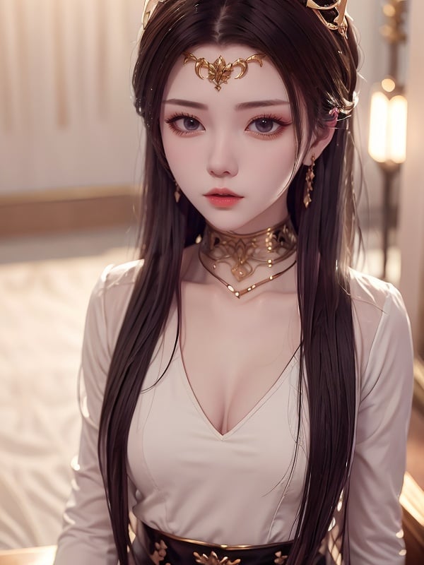 <lora:meidusha_20230722005037:1>,meidusha,1girl,solo,earrings,long hair,choker,black hair,leggings,white shirt,