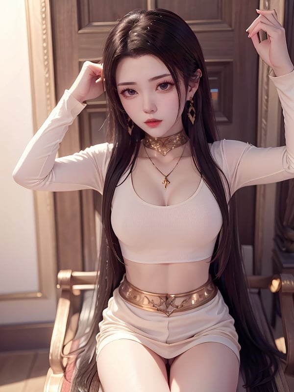 <lora:meidusha_20230722005037:1>,meidusha,1girl,solo,earrings,long hair,choker,black hair,leggings,white shirt,