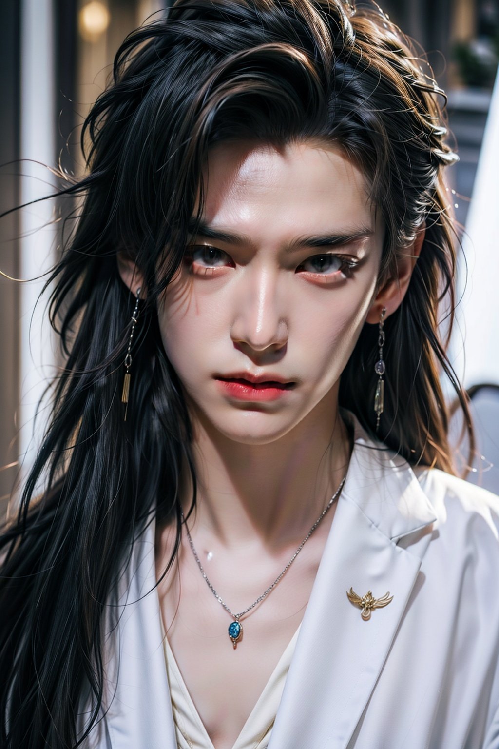 1boy,men in china in tang dynasty,wear a white coat,long hair,up body,jewelry,eye lashes,yellow eyes,pale skin,(masterpiece:1,2),best quality,masterpiece,perfect lighting,<lora:suchdan:0.4>,<lora:调细节添加-2-2修手detail tweaker:1.0>