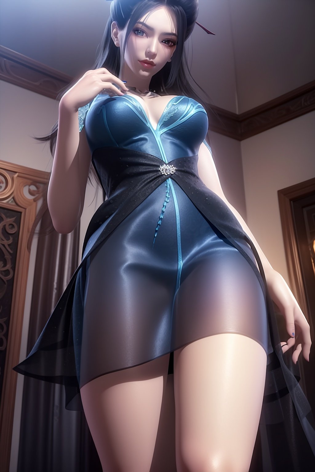 masterpiece, (best quality), official art, extremely detailed cg 8k wallpaper, (extremely delicate and beautiful), solo, realistic, photo_\(medium\), from below, , hiqcgbody, <lora:hiqcg_body_epoch:0.3:NF>, 1girl,cowboy shot, look at the viewer, blue dress, solo, tattoo, hair stick, <lora:lingji_v2-12:0.7>, bare thighs, 