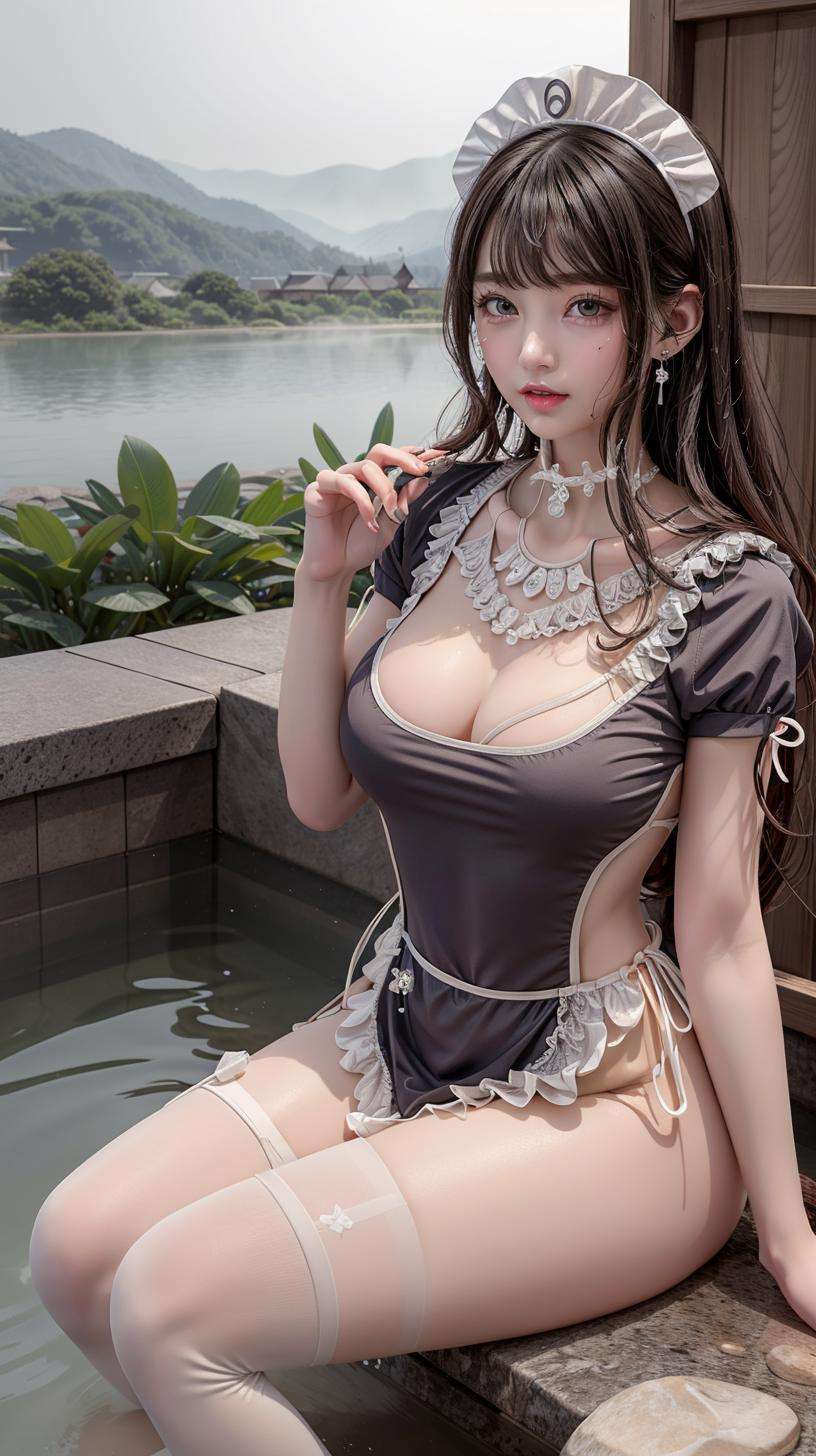 masterpiece,best quality,bathroom,close up,onsen,in water,wet clothes,outdoors,bright light,1girl,jewelry,earrings,necklace,beautiful face,black hair,full body,sitting,steam, water drop,wet dody<lora:add_detail:0.8>,  <lora:Japanese maid dress v_20230704192404:0.7> white thighhighs, underwear,maid headdress,apron,