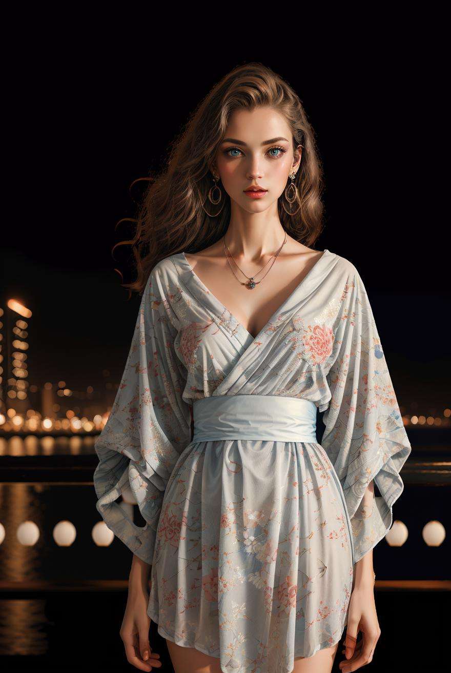 masterpiece,best quality,(Night:1.7),CityView,(outdoors:1.3),city lights,skyscraper,street,close up,1girl,jewelry,earrings,necklace,Standing at attention,pose,beautiful face,women's wallet,<lora:more_details:0.6>, <lora:Kimono pajamas_20230705114305:0.75> kimono, floral print, 