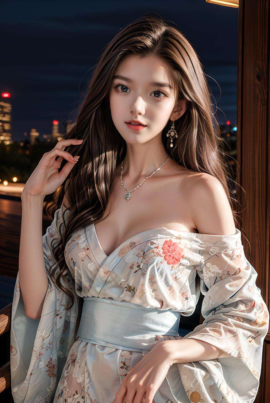 masterpiece,best quality,(Night:1.7),CityView,(outdoors:1.3),city lights,skyscraper,street,close up,1girl,jewelry,earrings,necklace,Standing at attention,beautiful face,victory pose,black hair, <lora:more_details:0.6>,<lora:Kimono pajamas_20230705114305:0.75> kimono,floral print, off shoulder, 