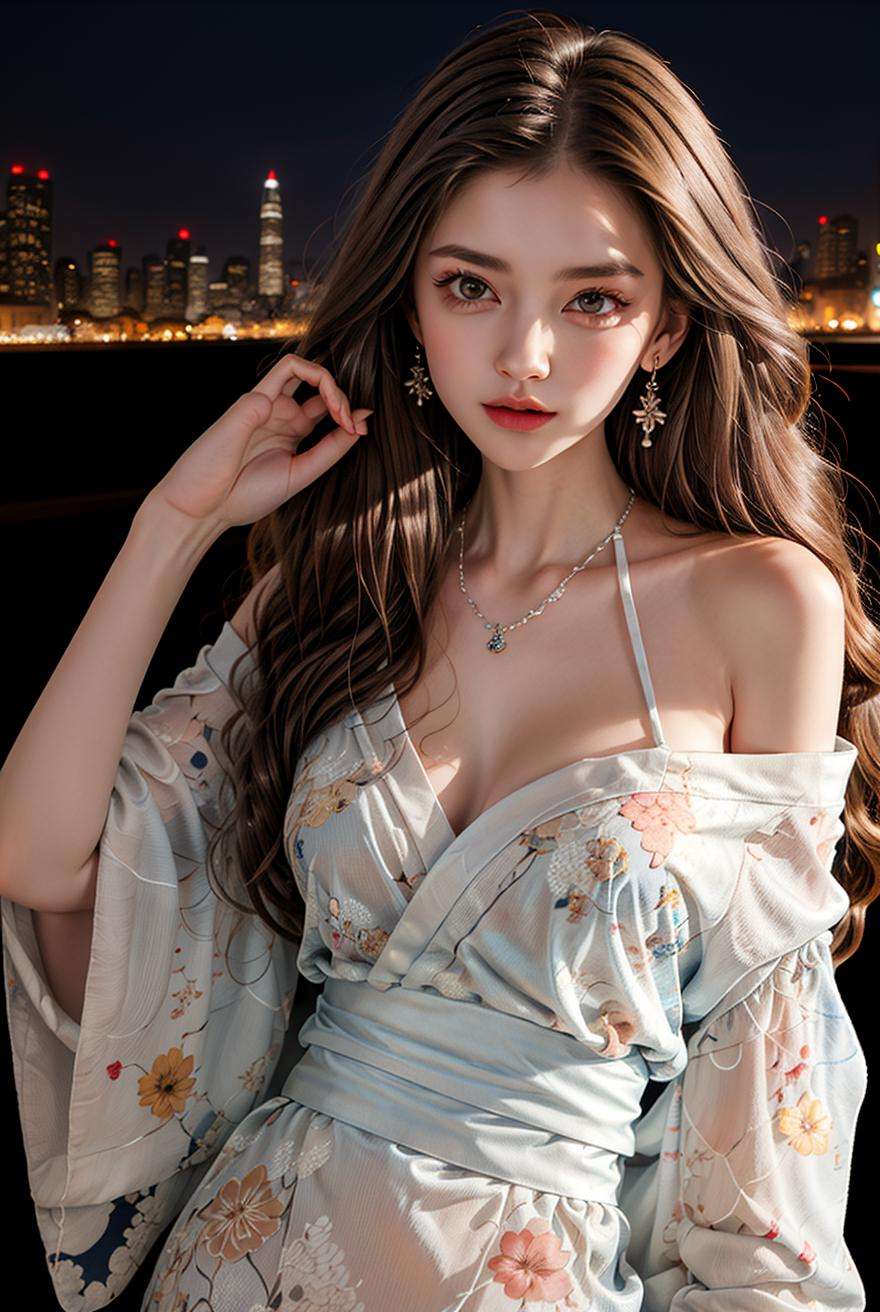 masterpiece,best quality,(Night:1.7),CityView,(outdoors:1.3),city lights,skyscraper,street,close up,1girl,jewelry,earrings,necklace,Standing at attention,beautiful face,victory pose,black hair, <lora:more_details:0.6>,<lora:Kimono pajamas_20230705114305:0.75> kimono,floral print, off shoulder, 