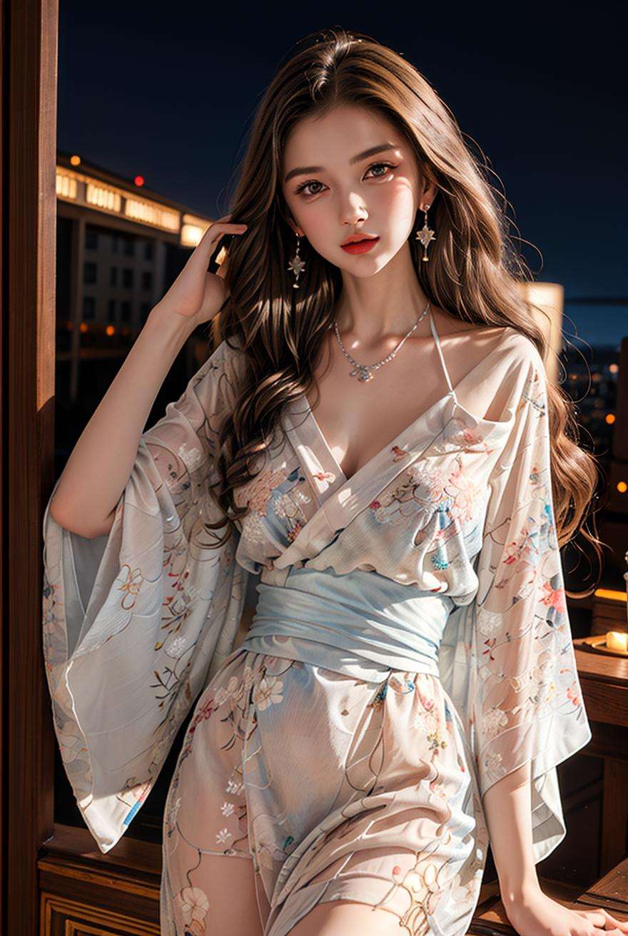 masterpiece,best quality,(Night:1.7),CityView,(outdoors:1.3),city lights,skyscraper,street,close up,1girl,jewelry,earrings,necklace,Standing at attention,beautiful face,victory pose,black hair, <lora:more_details:0.6>,<lora:Kimono pajamas_20230705114305:0.75> kimono,floral print,