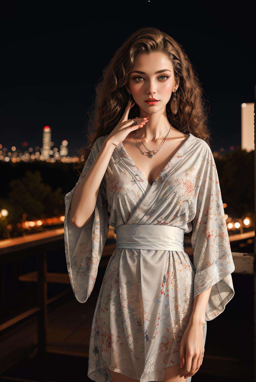 masterpiece,best quality,(Night:1.7),CityView,(outdoors:1.3),city lights,skyscraper,street,close up,1girl,jewelry,earrings,necklace,Standing at attention,paw pose,beautiful face,women's wallet,<lora:more_details:0.6>, <lora:Kimono pajamas_20230705114305:0.75> kimono, floral print, 