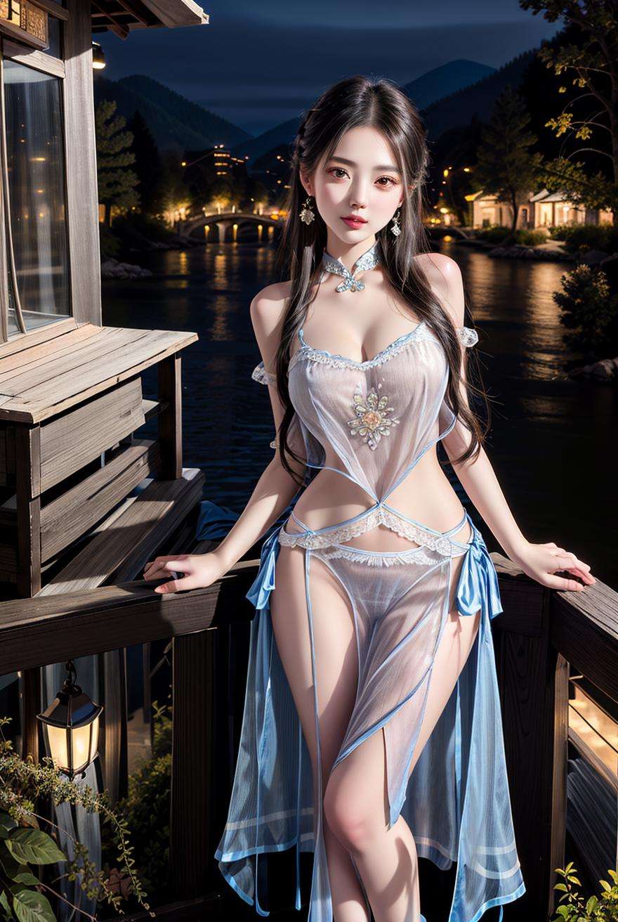 masterpiece,best quality,(Night:1.7),CityView,(outdoors:1.3),city lights,skyscraper,street,close up,1girl,jewelry,earrings,necklace,standing,pose,beautiful face,full body,(short hair:1.3),<lora:more_details:0.6>,<lora:Dunhuang apsaras dudou_V2:0.75> dress,underwear,see-through,chinese clothes,panties,