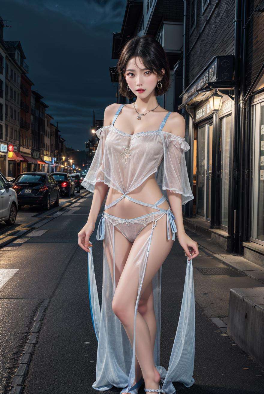 masterpiece,best quality,(Night:1.7),CityView,(outdoors:1.3),city lights,skyscraper,street,close up,1girl,jewelry,earrings,necklace,standing,pose,beautiful face,full body,(short hair:1.5),<lora:more_details:0.6>,<lora:Dunhuang apsaras dudou_V2:0.7> dress,underwear,see-through,chinese clothes,panties,