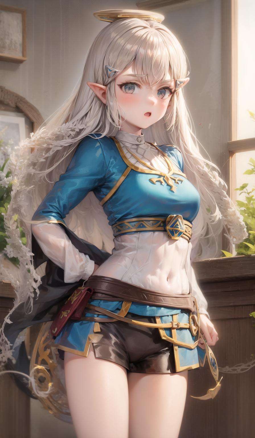 masterpiece, best quality, highres, 1girl,  <lora:zelda_botw_outfit_v0.1:0.8>, zelda outfit botw,   <lora:mitama_manami_v1:0.8> mitama manami, standing, cowboy shot, white hair, grey eyes