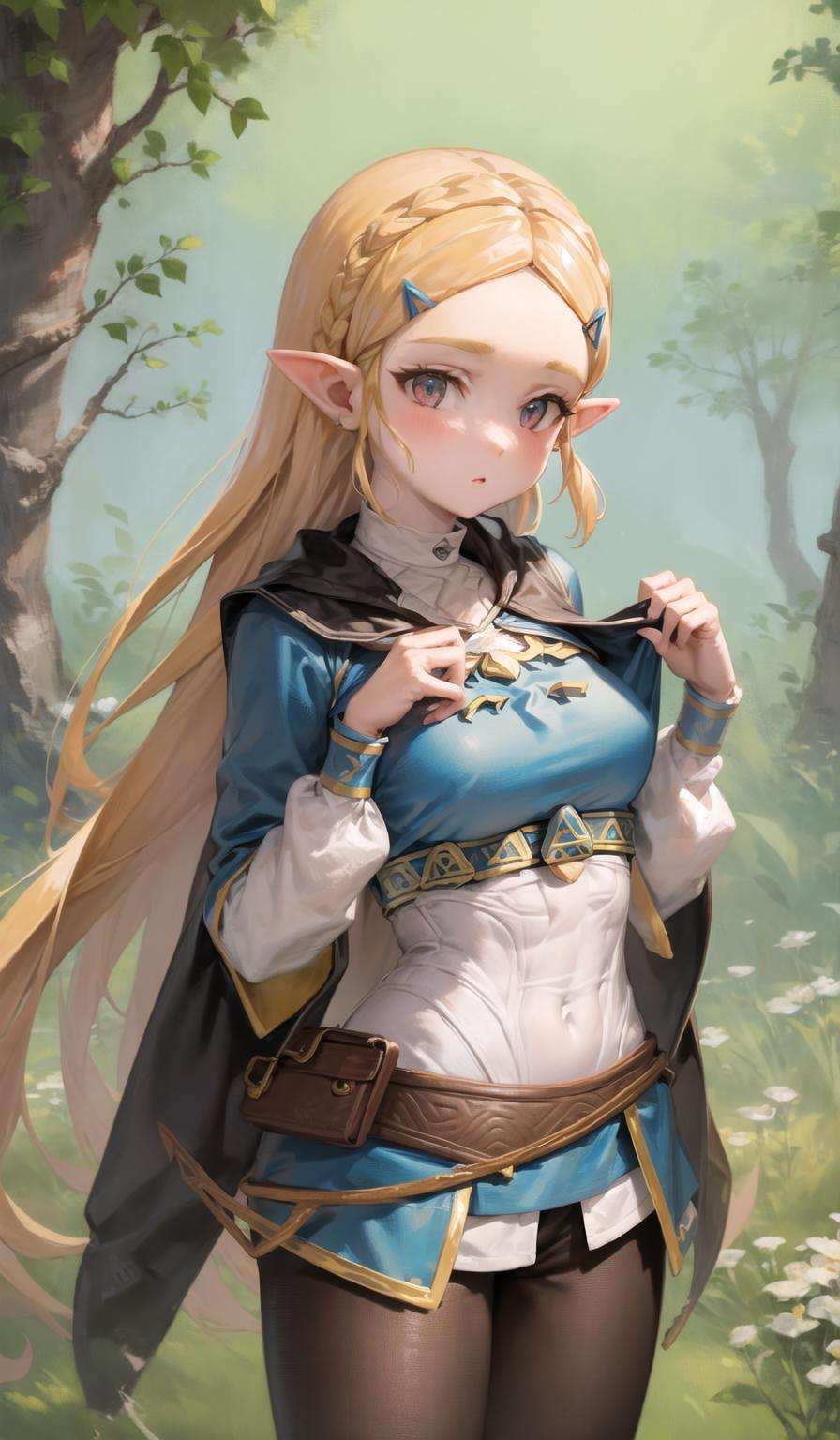 masterpiece, best quality, highres, 1girl,  <lora:zelda_botw_outfit_v0.1:1>, zelda outfit botw, princess zelda, shirt lift