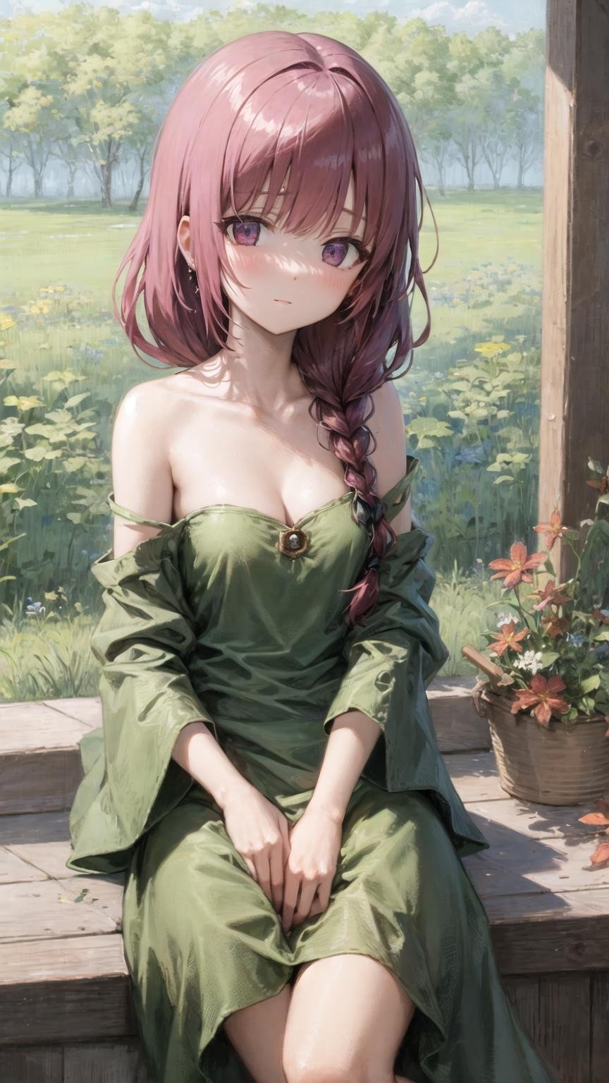 masterpiece, best quality,<lora:hiroi_kikuri_v1:0.8>, hiroi kikuri, green dress, off shoulder, cowboy shot, small breasts, cleavage