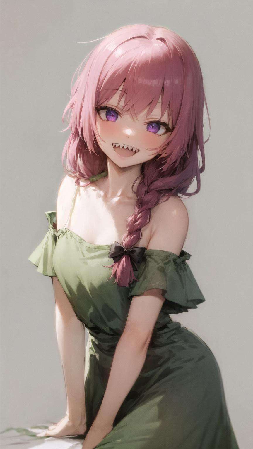 masterpiece, best quality, 1girl, solo, <lora:hiroi_kikuri_v2:1>, hiroi kikuri, green dress, spaghetti strap, off shoulder, smile, sharp teeth,  <lora:Better Sharp Teeth:1>