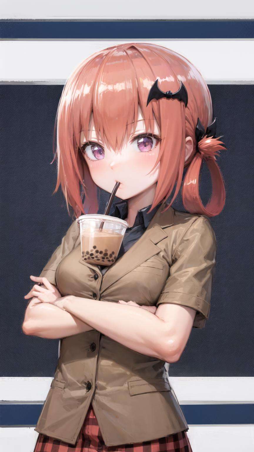 masterpiece, best quality, 1girl,  <lora:satanichia_v1:1>, satanichia, <lora:concept_bubbleteachallenge-16:1> bubble tea challenge, drinking straw, crossed arms, school uniform, highres