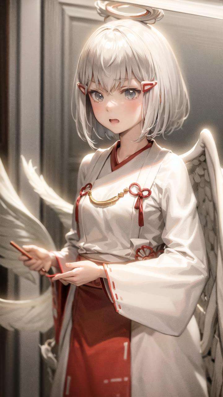 masterpiece, best quality, 1girl,  <lora:mitamaManamiCentaurNoNayami_v1:1>, mitama manami, white hair, short hair, grey eyes, nontraditional miko, 