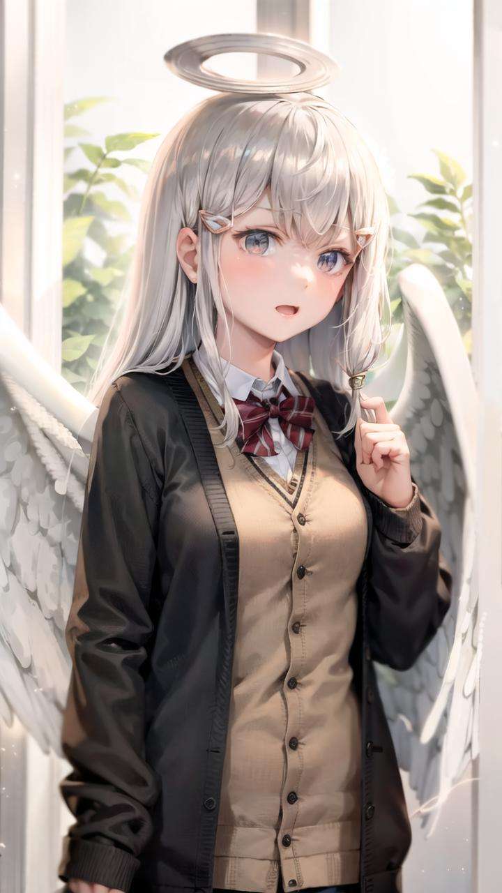 masterpiece, best quality, 1girl,  <lora:mitamaManamiCentaurNoNayami_v1:1>, mitama manami, long hair, angel, school uniform, cardigan, upper body, grey eyes