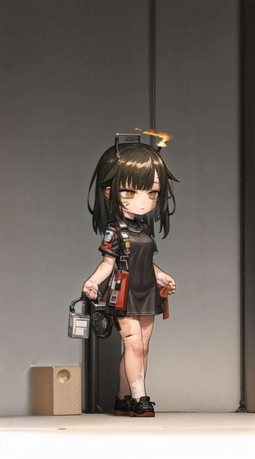 masterpiece, best quality, 1girl,  <lora:karahara_shima_v4-07:1>, karahara shima, brown eyes, black hair, burn scars,  <lora:styleArknightsChibi:0.8>, chibi, full body, flat colors, arknights-inspired clothing