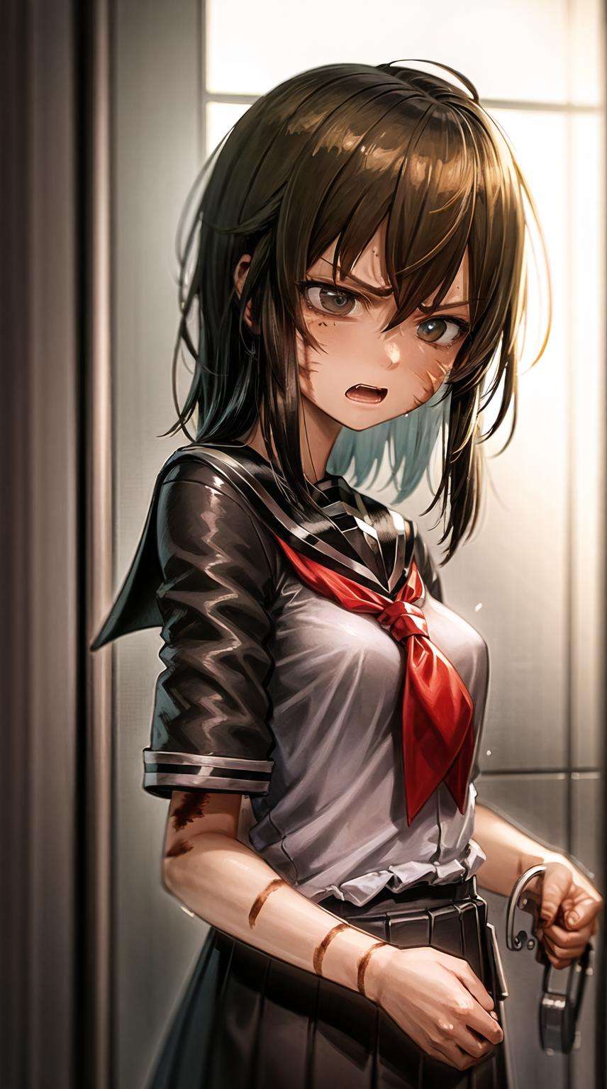 masterpiece, best quality, 1girl, <lora:karahara_shima_v4-07:.8>, karahara shima, black sailor style school uniform, burn scars, upper body, medium breasts, angry