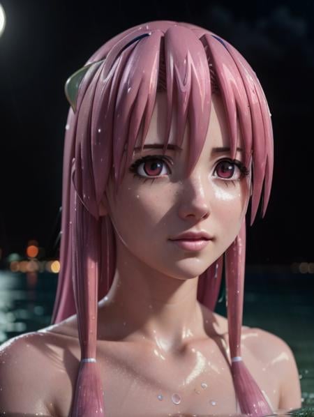 masterpiece, best quality, octane render, Lucy, on a beach at night, darkness, rain, long pink hair, insanely detailed eyes, wet hair, pretty face, sad, lost, <lora:ElfenLied3RS:1>