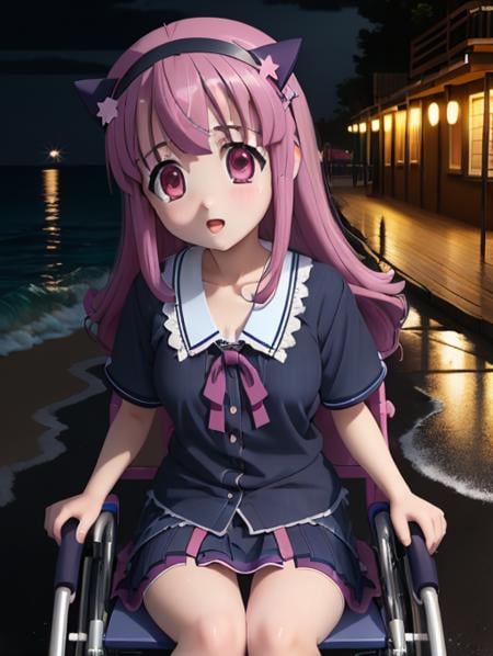 masterpiece, best quality, octane render, Mariko, Diclonious, on a beach at night, dark blue shirt, skirt, darkness, rain, detailed long curly pink hair, insanely detailed eyes, crazy expression, in a wheelchair, <lora:ElfenLied3RS:1>