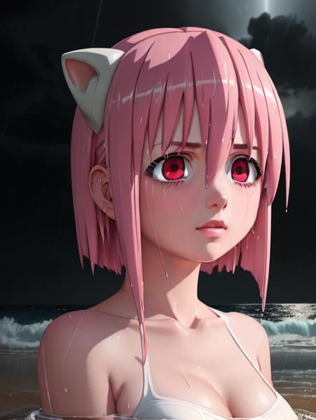masterpiece, best quality, octane render, Lucy, white diclonious horns, on a beach at night, darkness, rain, long pink hair, insanely detailed eyes, wet hair, pretty face, sad, lost, <lora:ElfenLied3RS:1>
