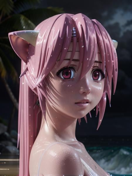 masterpiece, best quality, octane render, Nyuu, on a beach at night, darkness, rain, long pink hair, insanely detailed eyes, wet hair, pretty face, sad, lost, <lora:ElfenLied3RS:1>