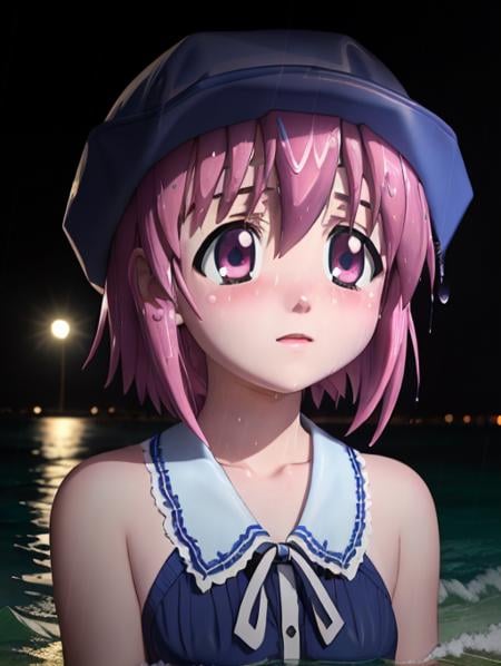 masterpiece, best quality, octane render, YoungLucy, bluehat, on a beach at night, darkness, rain, detailed pink hair, insanely detailed eyes, wet hair, pretty face, sad, lost, <lora:ElfenLied3RS:1>